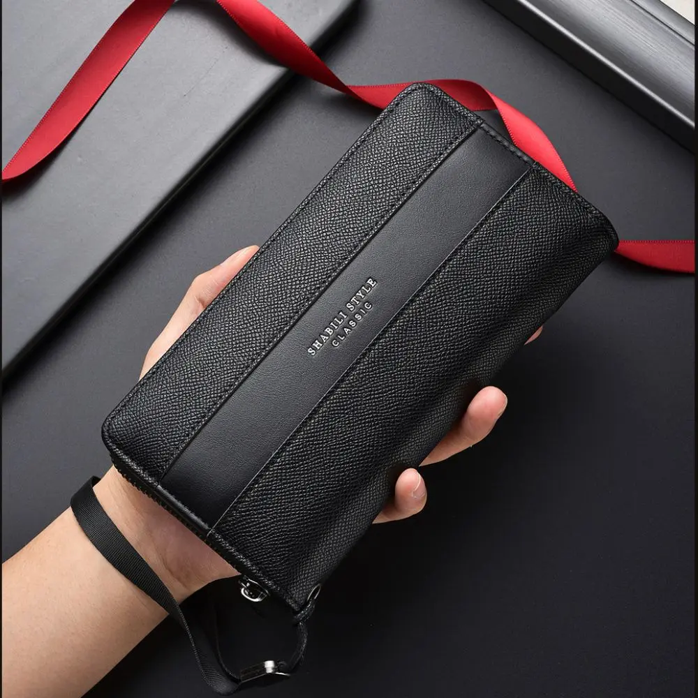 High Quality PU Men's Zipper Handbag Large Capacity Multi Card Holder Clutch Bag Double Layer Long Wallet