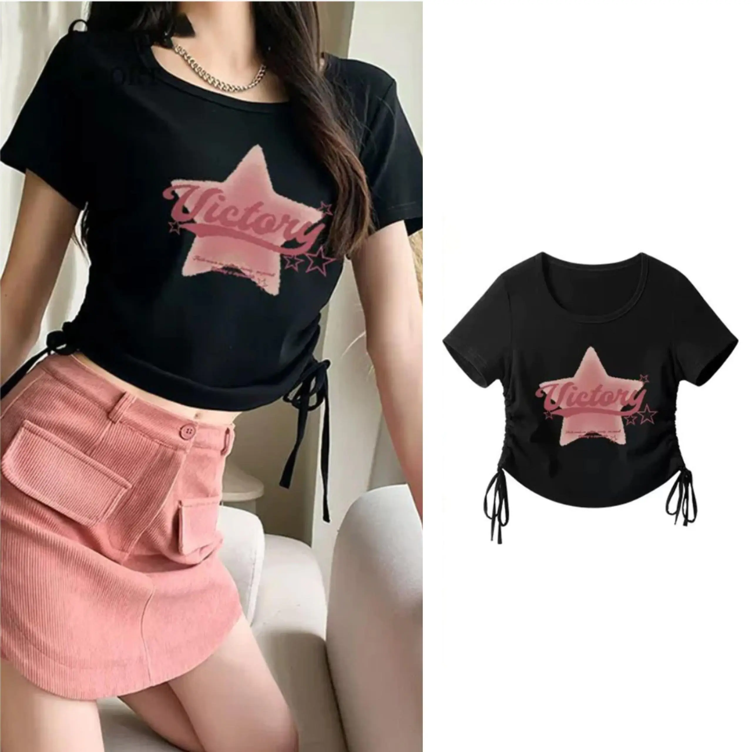 Áo croptop màu đen có rút dây 2 bên hình ngôi sao hồng