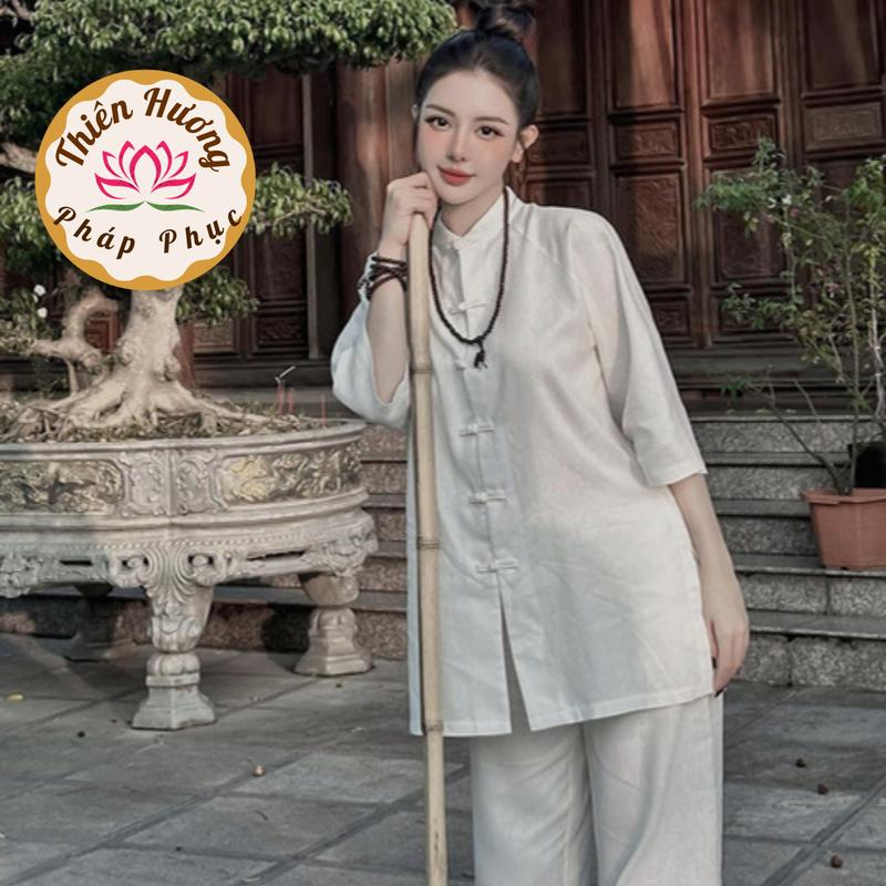  Pháp phục đi chùa nữ cổ tàu Mai Phương Bùi vải đũi line Bộ phật tử truyền thống dáng dài Bộ lam đi chùa fom xuông 