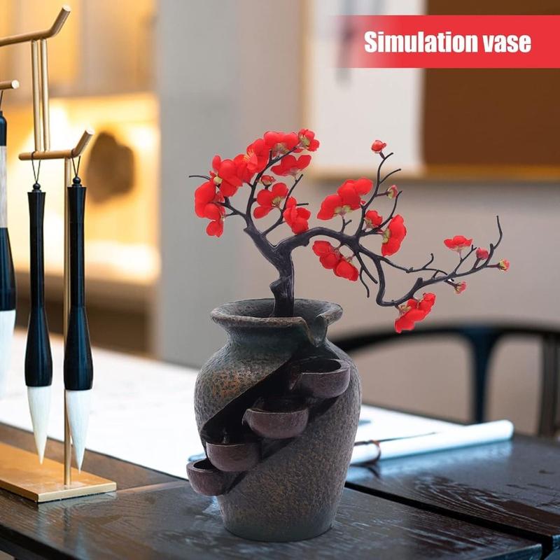 New Resin Indoor FengShui Ornaments Water Fountain 15.7in Flower Vase Waterfall Fountain with Simulated Decorative Trees Indoor Waterfall Study Office Tea Room 4