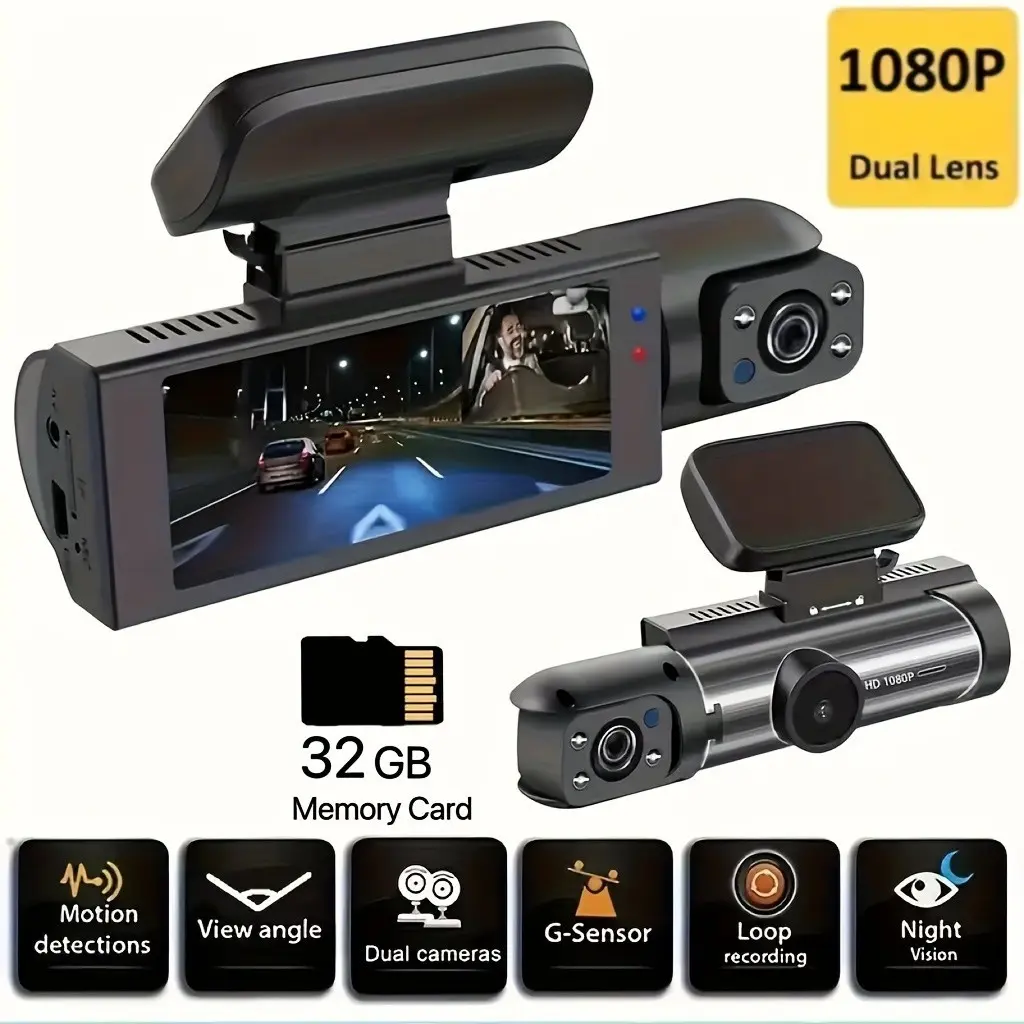 1080P Dual Camera Dash Cam for Cars with IR Night Vision Loop Recording and Wide Angle Lens - 3.16 Inch IPS Screen