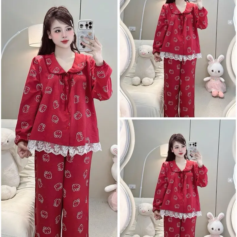 Bộ mặc nhà cổ sen chất đũi hoạ tiết dễ thương Nữ -(40-65kg)