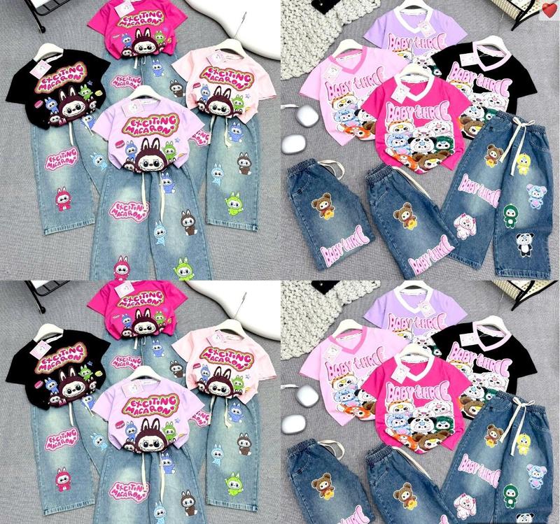 [MinMinKid2] (19-50kg, dưới 1m5) Set áo thun cotton phối quần jean dài IN TRÀN HÌNH LABUBU, BABY THREE hot hit cho bé gái Len