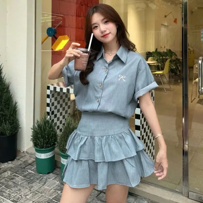 Set bộ đồ nữ áo sơ mi thêu nơ nhỏ mix chân váy 2 tầng hottrend B324 SUTANO 3