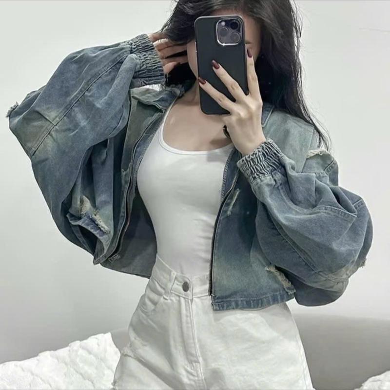 [Bigsize 60 - 90kg] Áo Khoác Jean PHOM RỘNG TAY CÁNH DƠI Croptop Khoá Kéo, Chất Jean Không Giãn