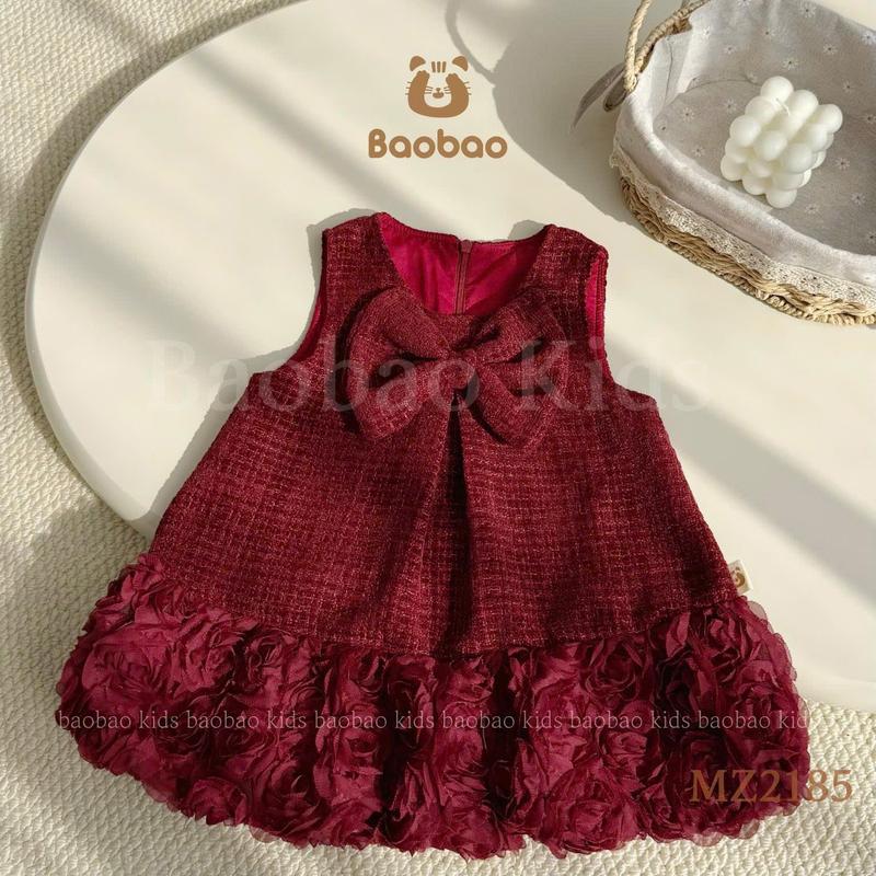   BAOBAO-ODER  - VÁY DẠ ĐỎ KẺ NƠ MIX VOAN HOA HỒNG XINH XẮN ĐÁNG YÊU CHO BÉ GÁI - MZ1119 