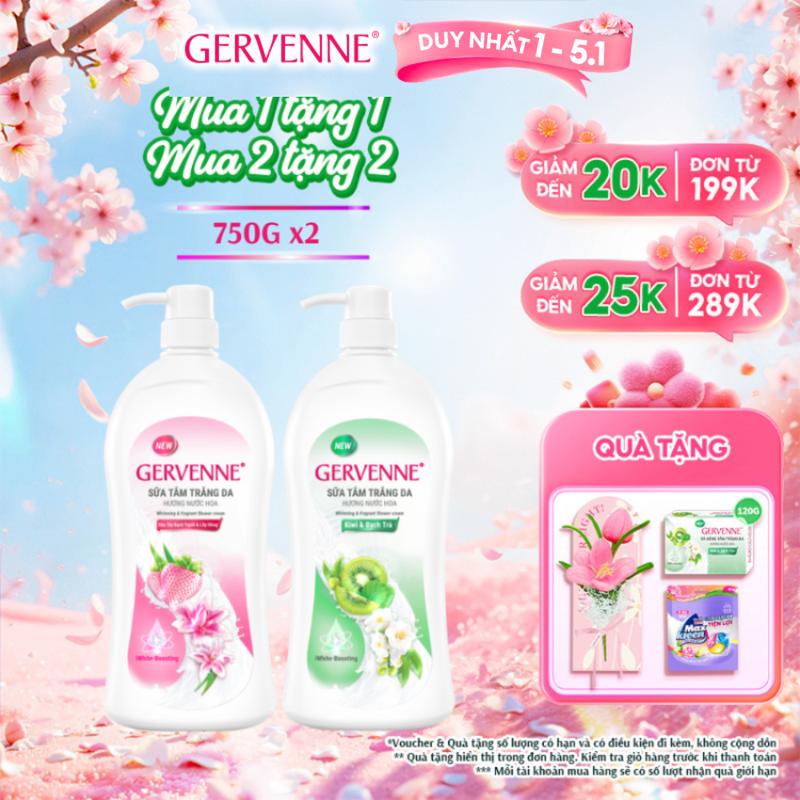   DUY NHẤT 1-5.1 Combo 2 Chai Sữa Tắm Dưỡng Da Gervenne Kiwi & Dâu Tây 750g x 2 chai 