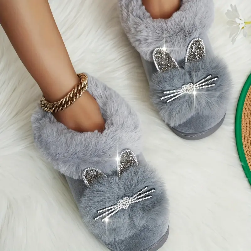 Rhinestone Plush Cat Slippers - Cozy Warm Fluffy Soft Sole Slip-On Shoes for Winter - Fuzzy Home Slippers with Velvet Lining for Ultimate Comfort and Relaxation 1