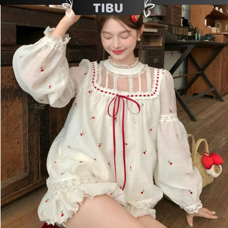 Set Áo Tay Bồng Cột Nơ Phối Chân Váy Bí TIBU Set Đồ Nữ Dễ Thương Hoa Nhí Đỏ Trắng Đi Chơi Biển Phố B429