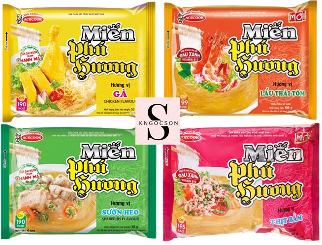 Thùng 24 gói miến Phú Hương hương vị Lẩu Thái tôm, Sườn heo, Thịt bằm, Gà 60gr/gói miến phú miến ăn li ề n