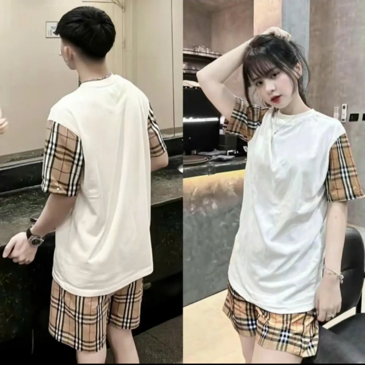 BỘ ĐỒ CỘC TAY NAM NỮ PHỐI TAY CARO TRẺ TRUNG, NĂNG ĐỘNG .CHẤT VẢI THOÁNG MÁT, DỄ CHỊU