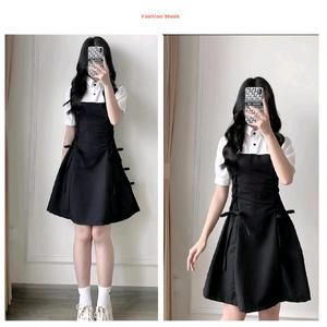 Váy sơ mi cổ bẻ Học sinh đan dây eo  tay lỡ chất lụa cát mềm. Nữ Kem Đầm Women Voi Voan Dress Màu Đen dolly  dress atonement  green