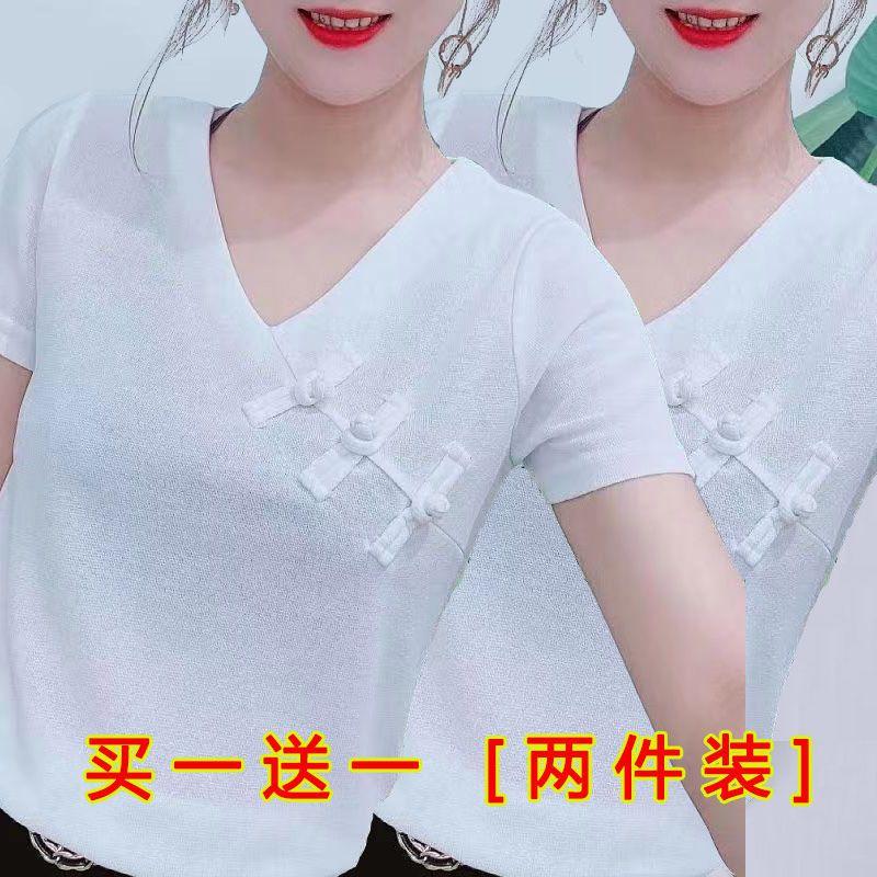 Product Introduction of Áo Thun ngắn Tay Dành Cho Nữ, Dáng Rộng Vừa Vặn, Phong Cách Trung Quốc Cổ Điển, Tay Lửng Cổ Chữ V Có Cúc, Áo Ngoại Cỡ Mùa Hè 2025 Hàng Mới Về 19
