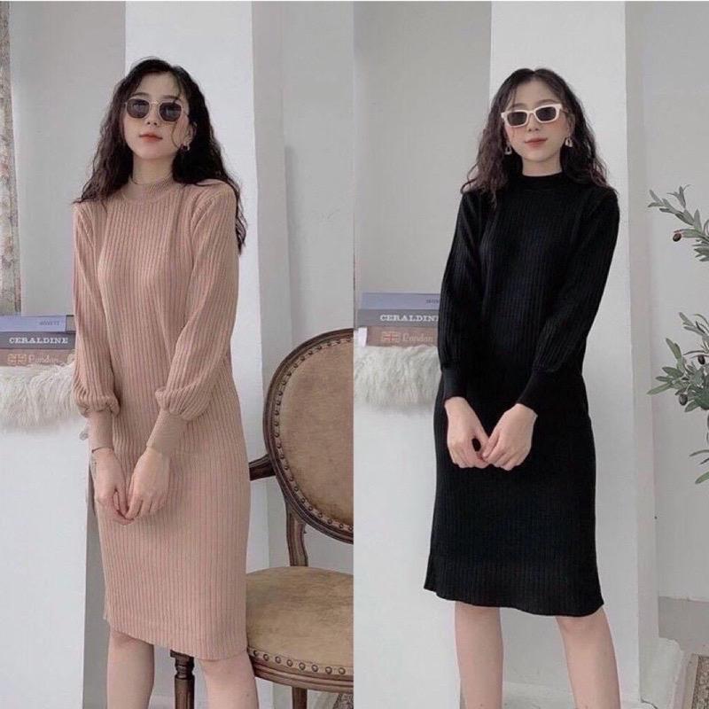 Váy len tay bồng dáng suông chất len gân mịn cổ cao, Đầm nữ dài mùa thu đông