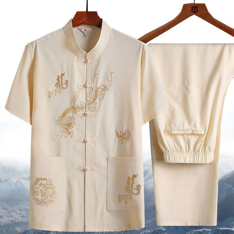 Bộ Đồ Hai Mảnh Cho Bố Nam, Phong Cách Tang, Trung Người Già Và Cao Tuổi, Phong Cách Trung Quốc, Thích Hợp Cho Các Hoạt Động Vào Buổi Sáng Và Mùa Hè Của Ông Già, Áo Sơ Mi ngắn Tay, Phong Cách Hanfu 0