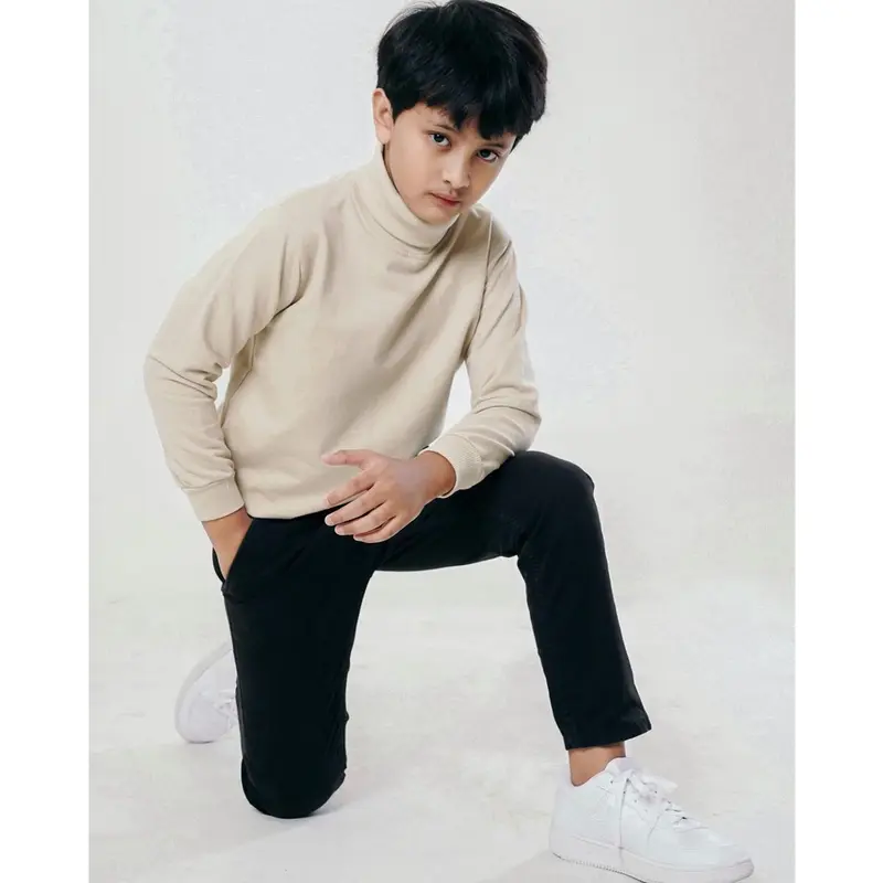 Baju Kaos Turtleneck leher tinggi anak usia 4 - 12 tahun lengan panjang bahan katun rib Crew Neck fashion 0