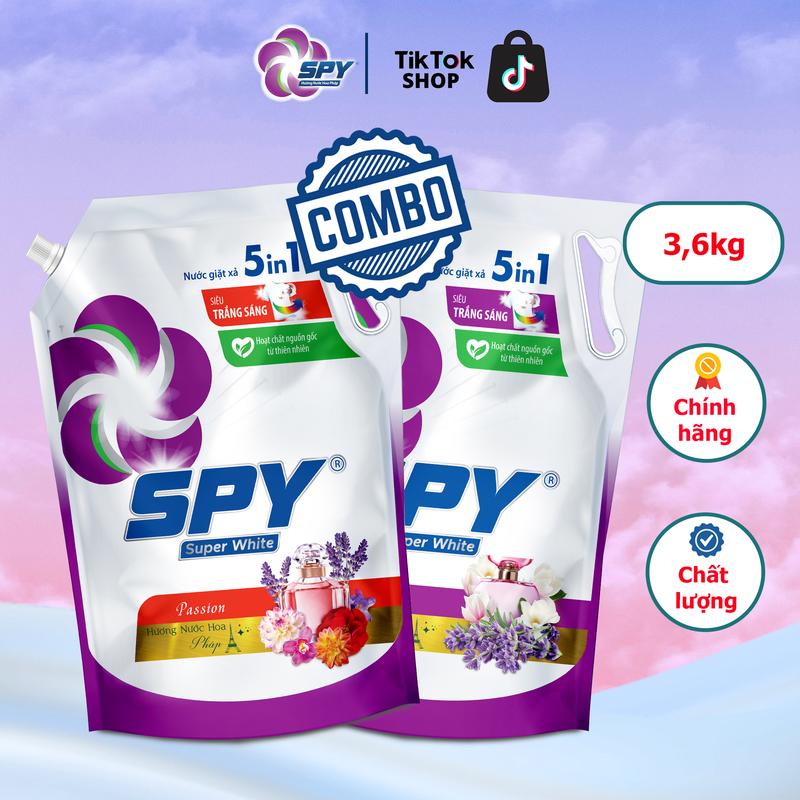 Combo 2 Túi Nước Giặt Xả SPY Super White 3,6kg Siêu Trắng Sáng Hương Nước Hoa Pháp
