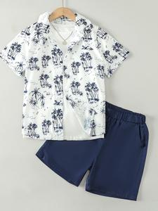 Two-piece Set Boy's Tree Print Short Sleeve Top & Shorts Set, Casual Summer Outfits Clothes for Kids Outdoor Holiday Vacation, Kids Clothing