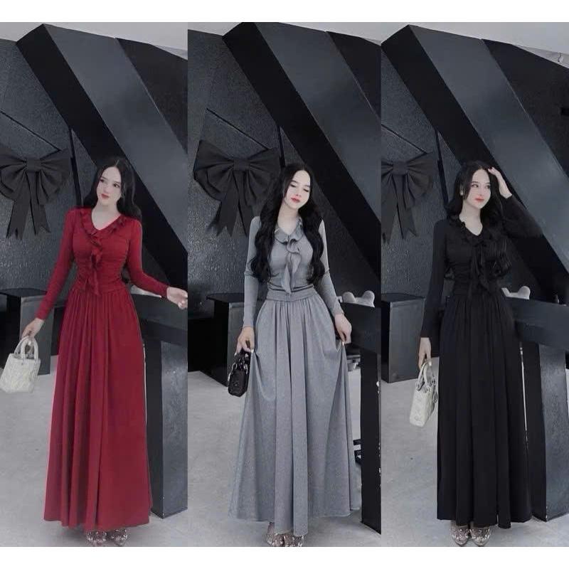 Set áo tay dài cổ bèo phối chân váy xòe dài - thun gân tăm H845