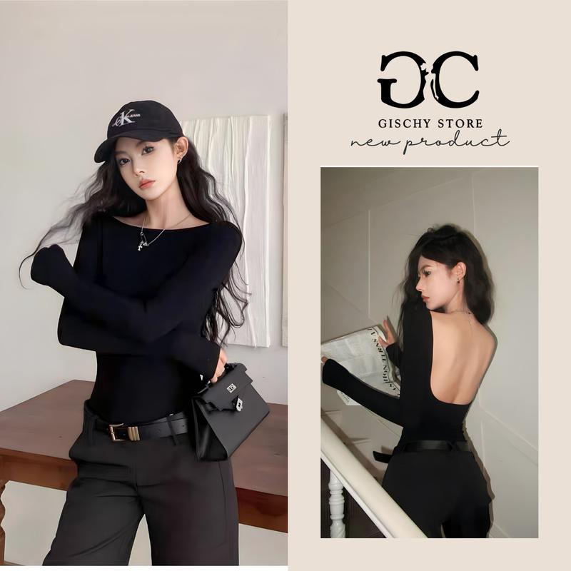 GISCHY-BS01-Bodysuit Tay Dài Hở Lưng GISCHY Kiểu Dáng Ôm Sát Tôn Body Áo Liền Thân Khoét Eo Cao Chất Thun Tăm Co Giãn Nữ Jean Voi Voan Top