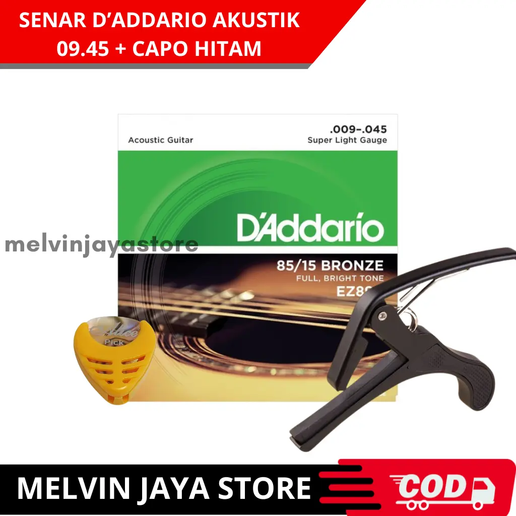 PAKET SENAR AKUSTIK D'ADDARIO + CAPO +PICK HOLDER + PICK alat  chord gitar