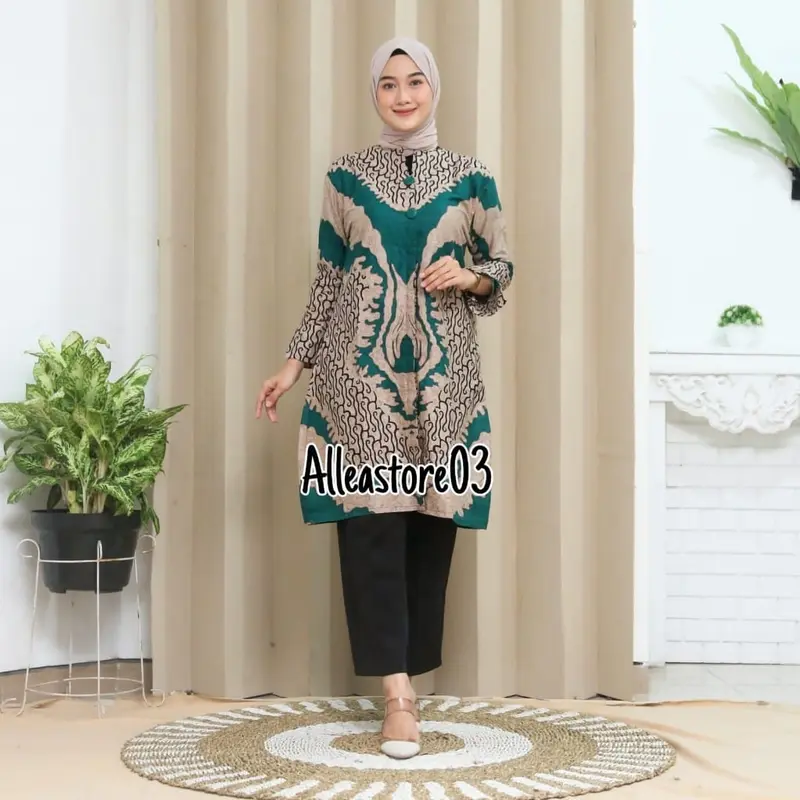 Tunik Kancing terbaru modern dress, Pakaian muslim wanita lengan panjang tunik batik Katun Nyaman 5