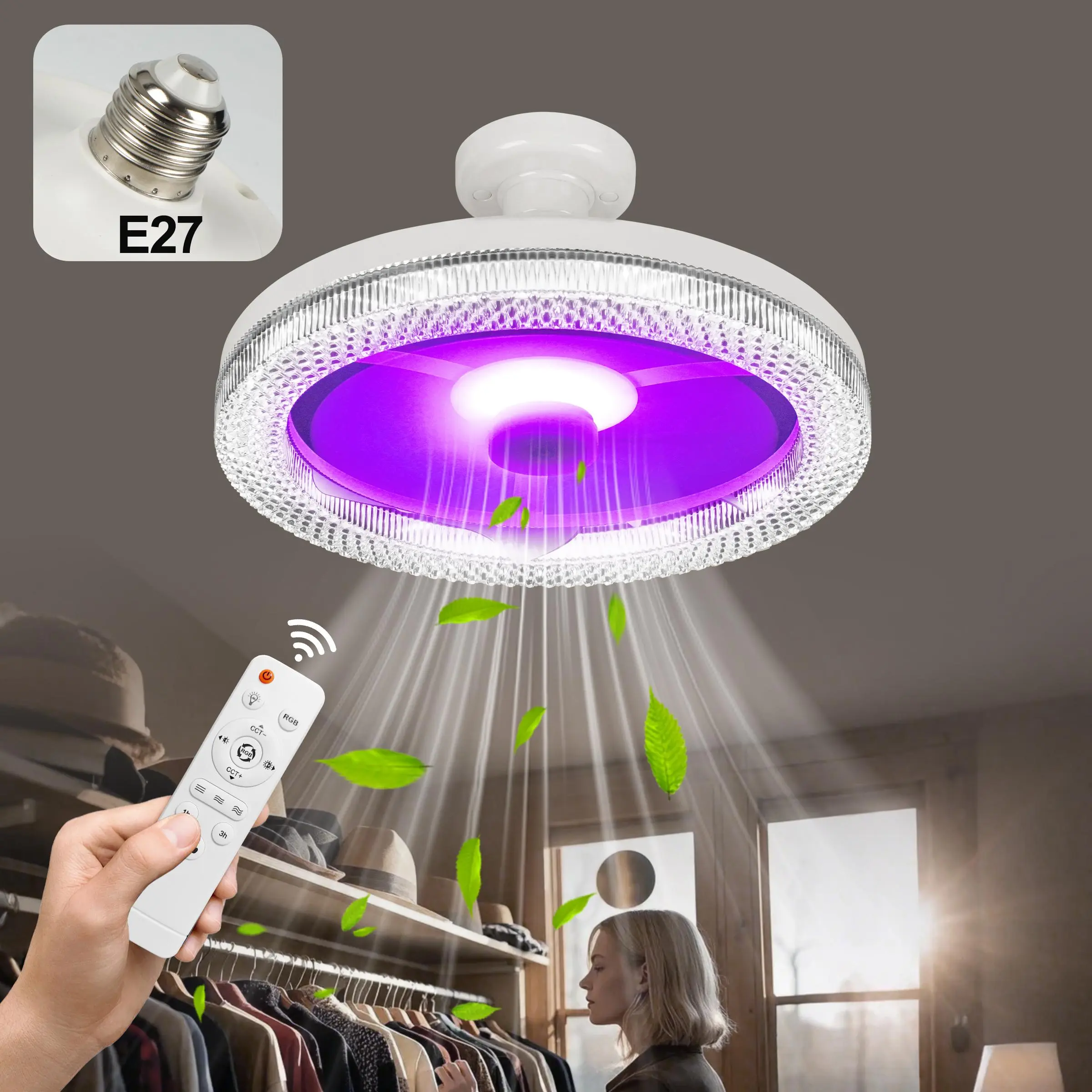 E27 Socket Fan Light, RGB Light with Remote Control, 3-speed Wind Speed Ceiling Fan Light, Suitable for Small Rooms, Bedrooms, Offices, Garages