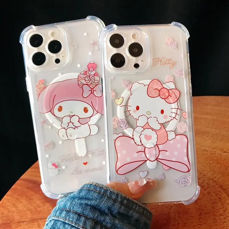 Cute Hello Kitty My Melody 4-Angles Bumper Magsafe Mobile Phone Case For iPhone 16 Pro Max 15 Pro Max 14 Pro Max Plus Magnetic Phone Back Cover for iPhone 11 12 13 Pro Max Back Shell