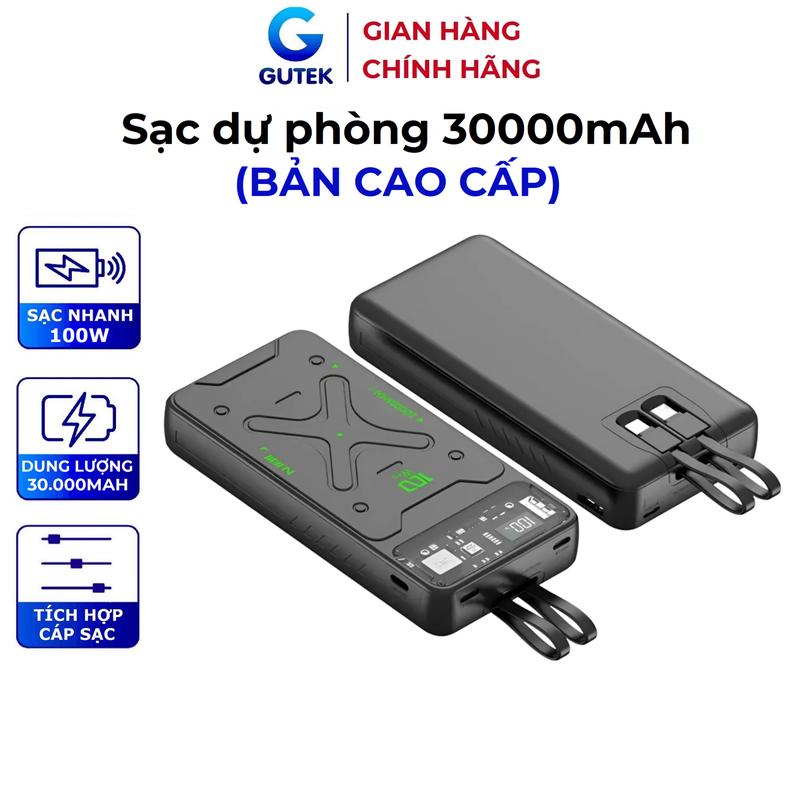 Sạc dự phòng 20000mah 30000mah Gutek DX169 sạc nhanh 100w dung lượng pin lớn có sẵn dây sạc cho nhiều điện thoại