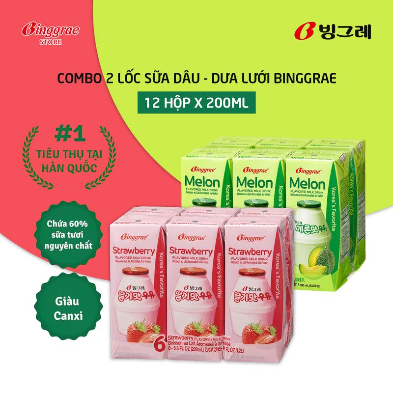 Combo 2 Lốc Sữa Dâu – Dưa Lưới Hàn Quốc Binggrae 12 Hộp x 200ml