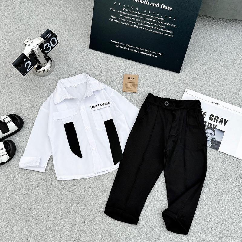 Set bộ sơ mi tay dài DON'T PaNic phối dây kèm quần âu đen cho bé trai 10-30kg)( chữ in bất kì)( DƯỚI 1m30 MẶC ĐƯỢC)