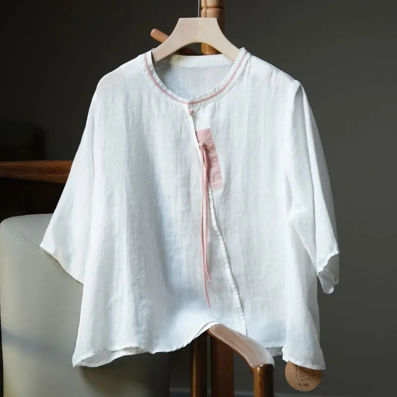 Áo Sơ Mi Vải Lanh Bông Bất Đối Xứng Cổ Điển Mỏng Mùa Hè, Dành Cho Nữ, Cổ Chân Đế Chắp Vá, Tay Áo Năm Phần Tư, Áo Sơ Mi Dáng Rộng Vừa Vặn, Áo ngắn Tay Cổ Tròn
