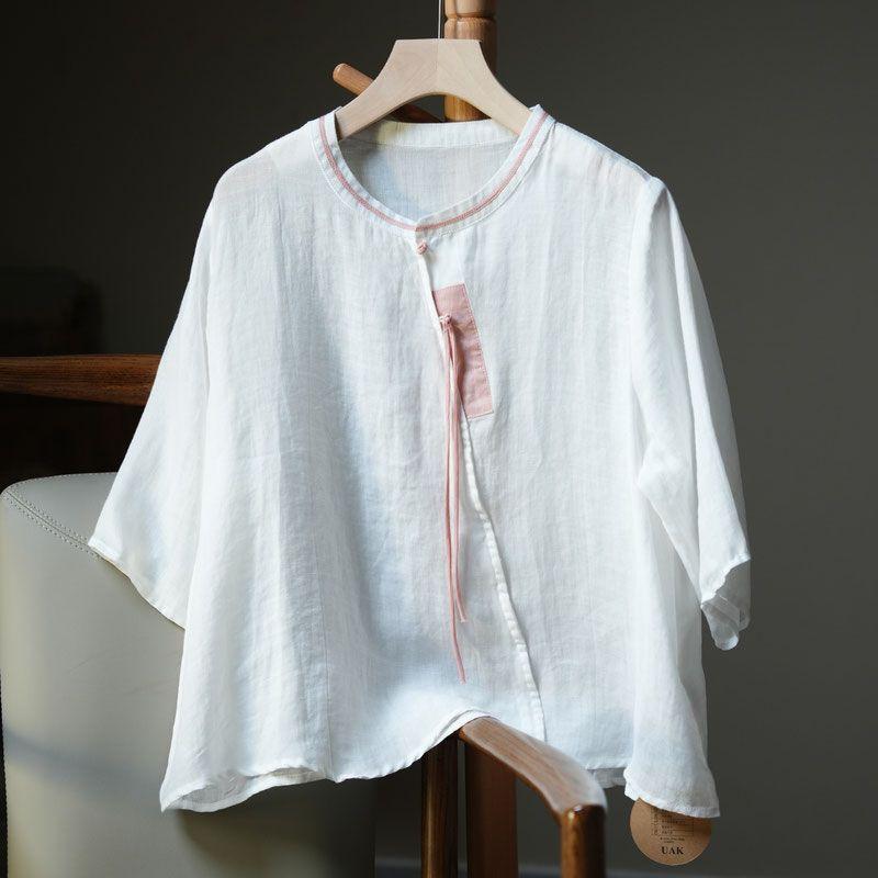 Product Introduction of Áo Sơ Mi Vải Lanh Bông Bất Đối Xứng Cổ Điển Mỏng Mùa Hè, Dành Cho Nữ, Cổ Chân Đế Chắp Vá, Tay Áo Năm Phần Tư, Áo Sơ Mi Dáng Rộng Vừa Vặn, Áo ngắn Tay Cổ Tròn 1