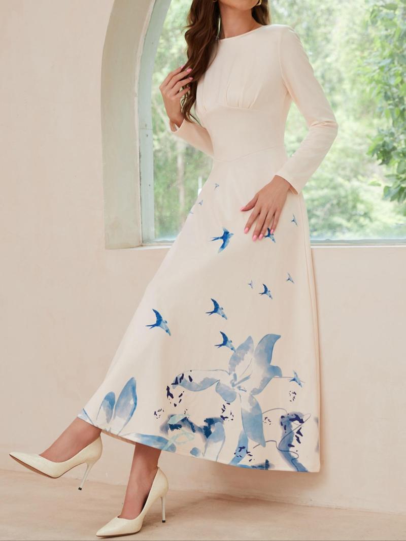 Product Introduction of Women's Ruched A Line Dress, Elegant Long Sleeve Round Neck Long Dress for Wedding, Graduation, Party, Ladies Fall & Winter Clothes 3