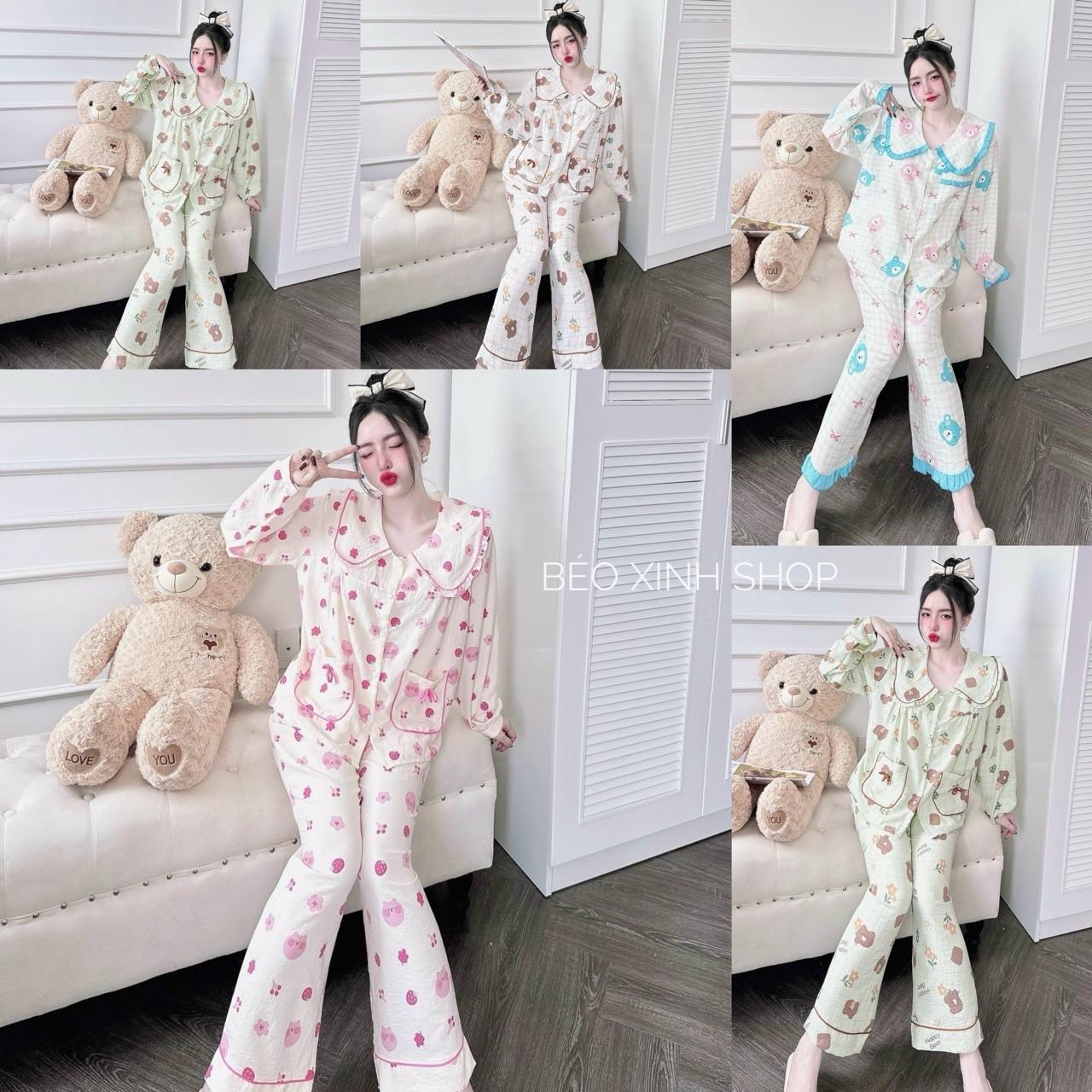 Đồ Bộ Pijama Bigsize Vải Đũi Xốp Cotton Tay Dài 50-100kg Quần Ngủ Women Áo Ngủ Nhung - A.5603