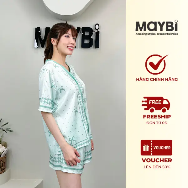 Bộ Pyjama Ngắn Suông Lụa Xanh Phối Họa Tiết Nơ Dành CHo Nữ Thương Hiệu MayBi