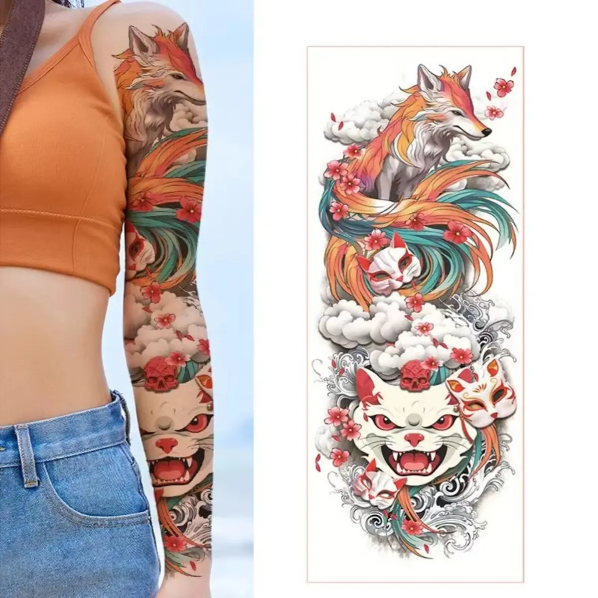【JIETattoo】Large Arm Sleeve Tattoo Black Maori Totem Waterproof Temporary Tatto Sticker Tribal Flame Body Art Full Fake Tatoo Women Men