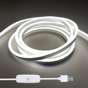 Tira de luz de neón LED alimentada por USB, tira de luz de neón LED blanco cálido con control de botón pulsador, luz decorativa para pared, escalera, fiesta