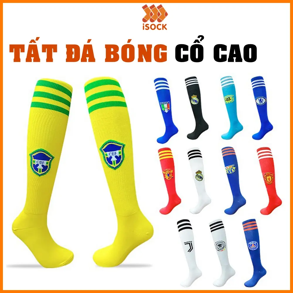 Vớ Đá Bóng Tất CLB Cổ Cao Co Giãn Chống Trơn Trượt Cho Trẻ Em & Người Lớn Chelsea MU Real Barca Argentina Brazin Arsenal tatclb 1.0 2