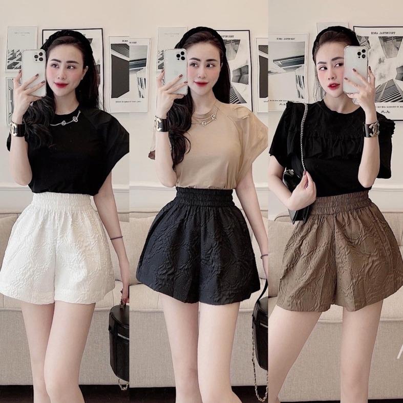 Quần Đùi Nữ Cạp Cao Chất Vải Xốp Hoa Dập Nổi Họa Tiết xinh xắn mặc ở nhà thể thao đi biển đẹp Quần short nữ ống rộng lưng cao cạp chun có túi Màu đen Màu trắng Thun Pants Women Ong