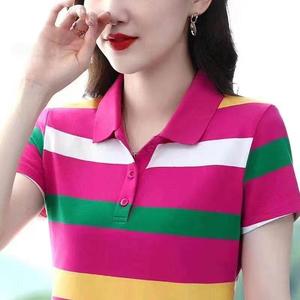 Casual Sport Women Shirts Rainbow Stripe Short Sleeve Lapel T-shirts Ladies Summer New Style Sweet Rose red Plus Size Polo Shirt tees Showing Slim