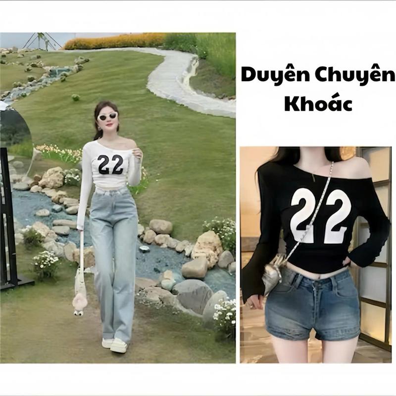 Áo thun lệch vai, Áo thun nữ lệch vai dài tay in số 22 dáng ngắn chất zip cotton co dãn phong cách Hàn Quốc Duyên Chuyên Khoác Women Top