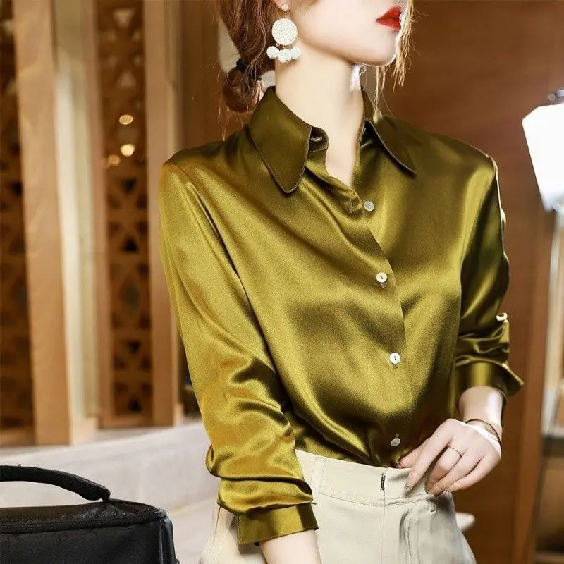 Áo Sơ Mi Cao Cấp, Trọng Lượng 35 M, Chất Liệu Lụa Nhân Tạo Crepe Satin, Dành Cho Nữ, Tay Áo Dài, Dáng Rộng Vừa Vặn, Thanh Lịch, Thích Hợp Đi Đi Lại, Năm 2025 áo  sơ  mi  có  cà  vạt