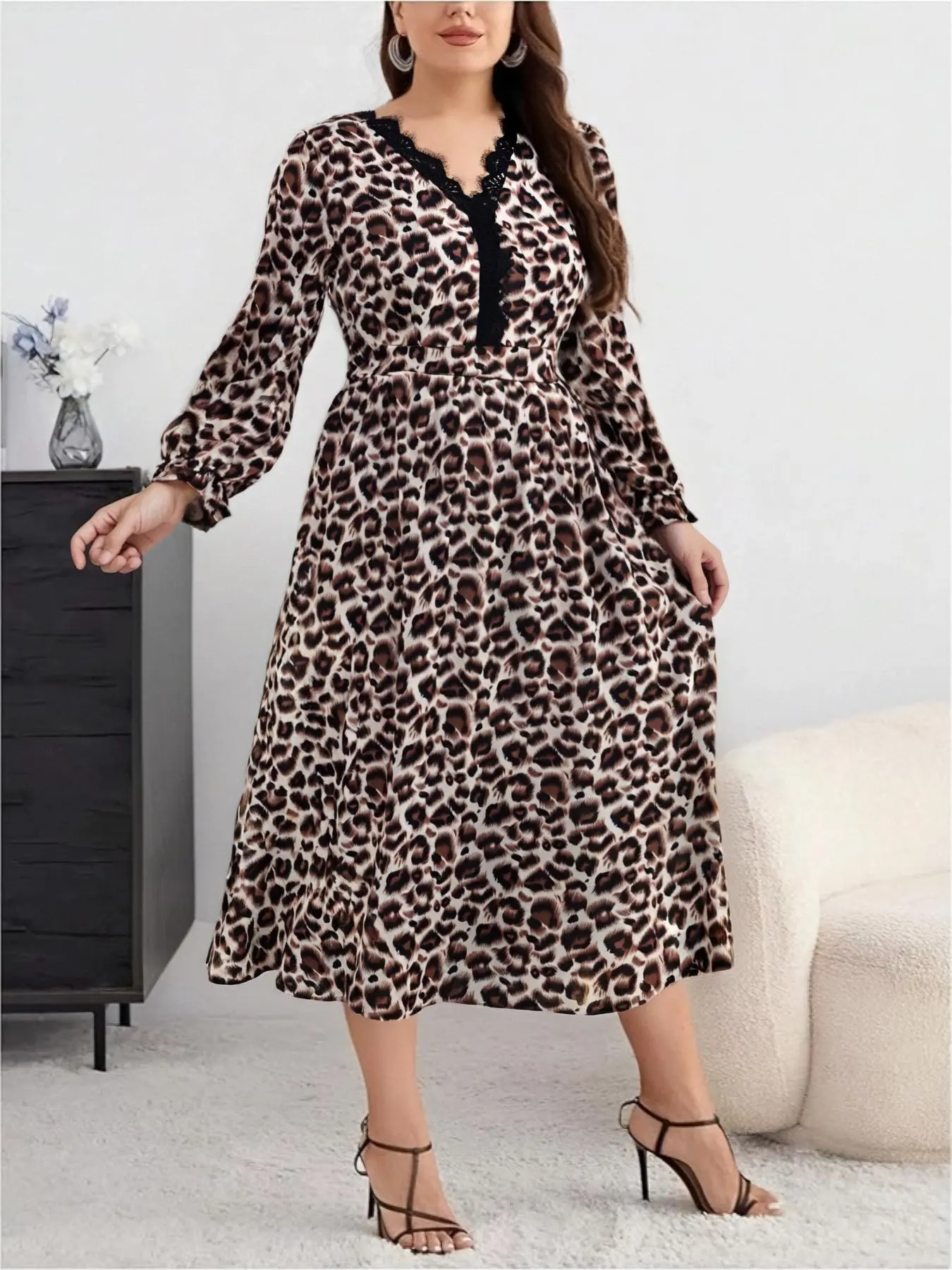 Women's Leopard Print Contrast Lace Flounce Sleeve Dress, Elegant V Neck Long Sleeve A Line Dress for Party Holiday Wedding Guest, Ladies Clothes for All Seasons