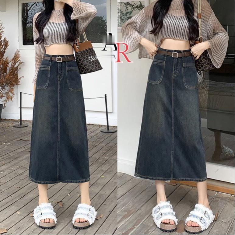 Chân váy jean dáng dài cạp cap dáng chữ A,  chân váy denim hai túi xẻ sau không kèm thắt lưng
