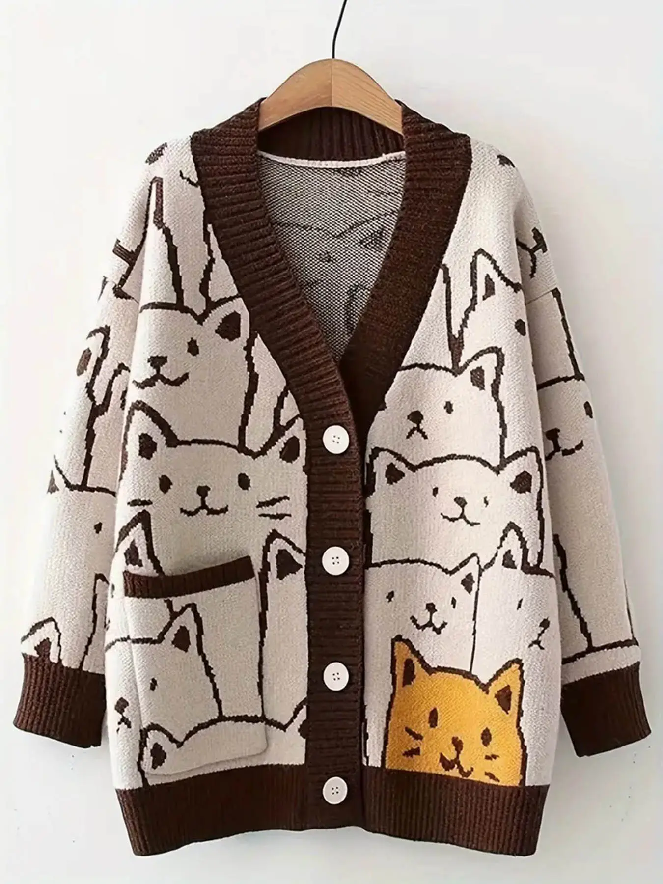 Women's Cartoon Cat Print V Neck Cardigan, Chic Casual Long Sleeve Button Front Knitwear for Fall & Winter, Fashion Ladies' Knit Clothing for Daily Wear