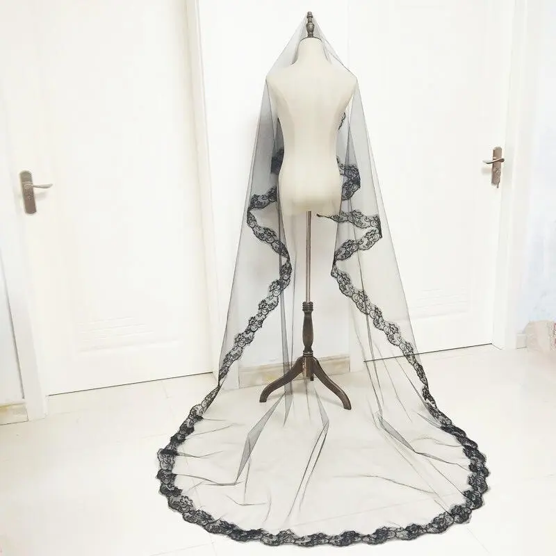 Bridal Black Headcloth Halloween COS Photo Style Black Embroidered Lace 1.5/3m Headcloth