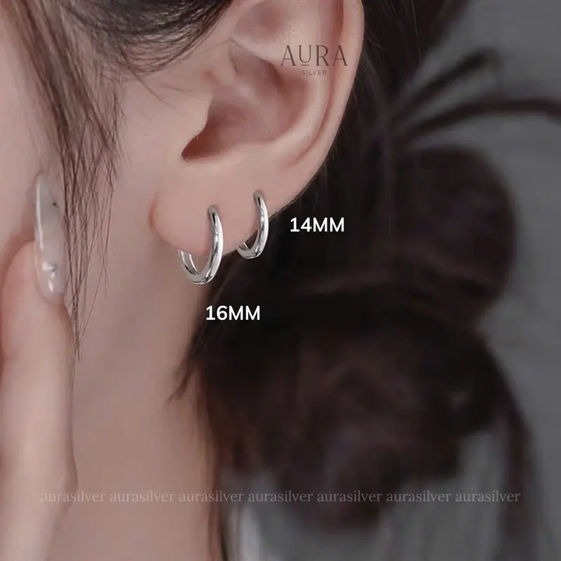 Khuyên tai tròn nam nữ bạc 925, bông tai tròn chốt bấm Hoop size 14-16-18mm-AURA SILVER-KT05 4
