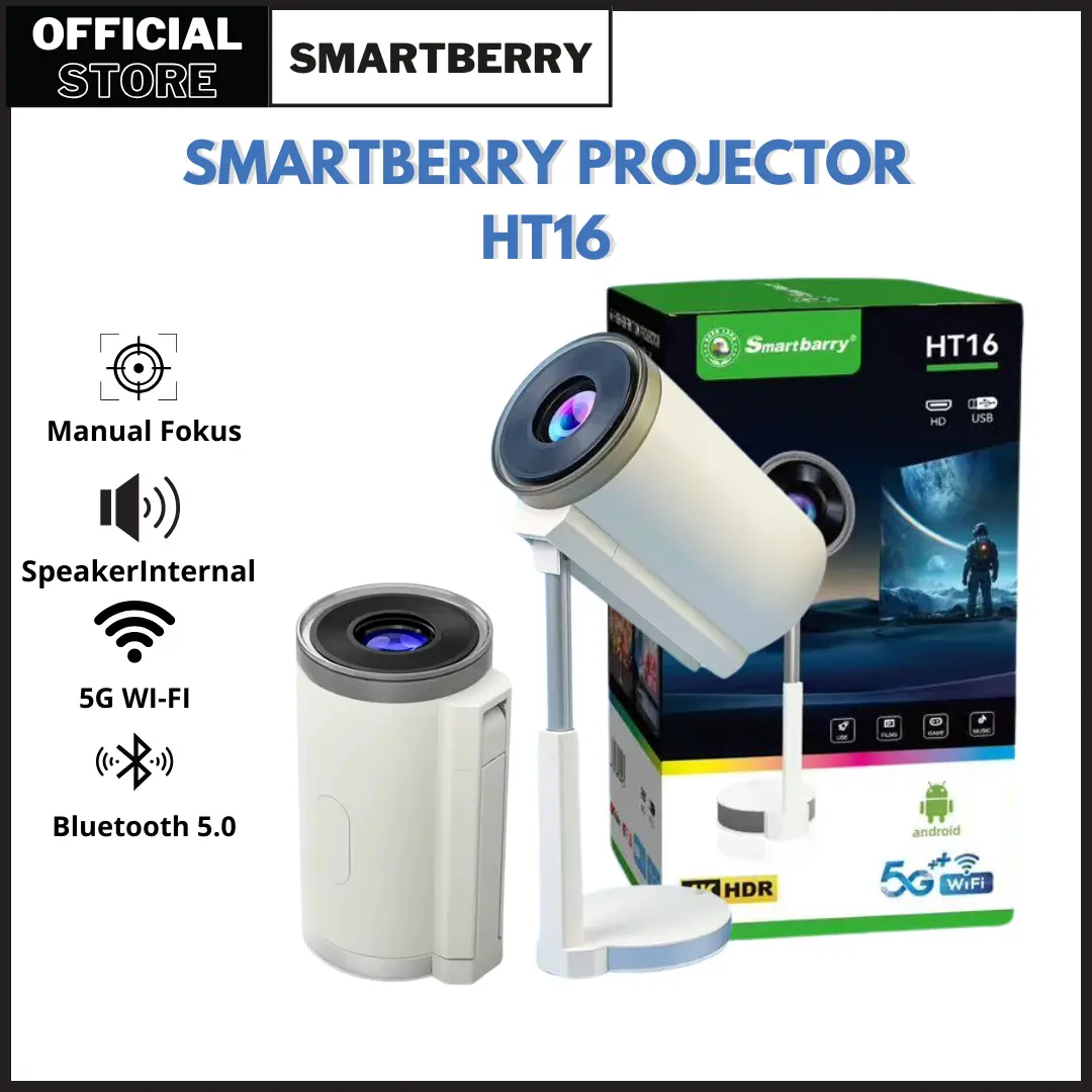 Smartberry Proyektor HT16 - Proyektor Android 720P, HDMI & USB, Layar Besar untuk Hiburan dan Presentasi