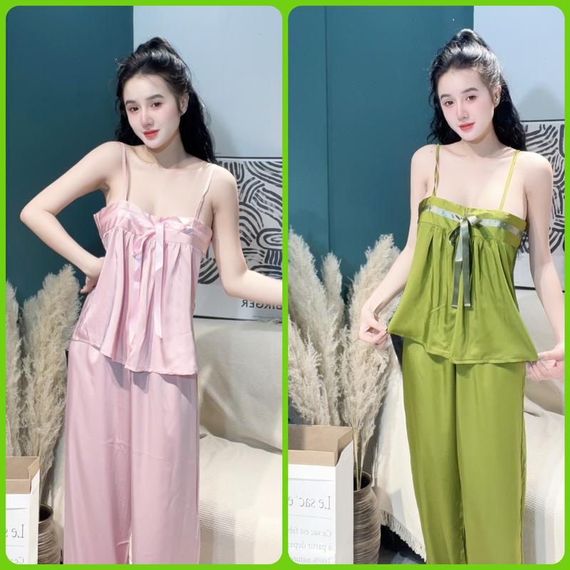  Đồ bộ áo 2 dây cổ nơ ruy băng chất liệu lụa latin màu sắc trẻ trung Nữ Women Trắng Quần Ngủ 